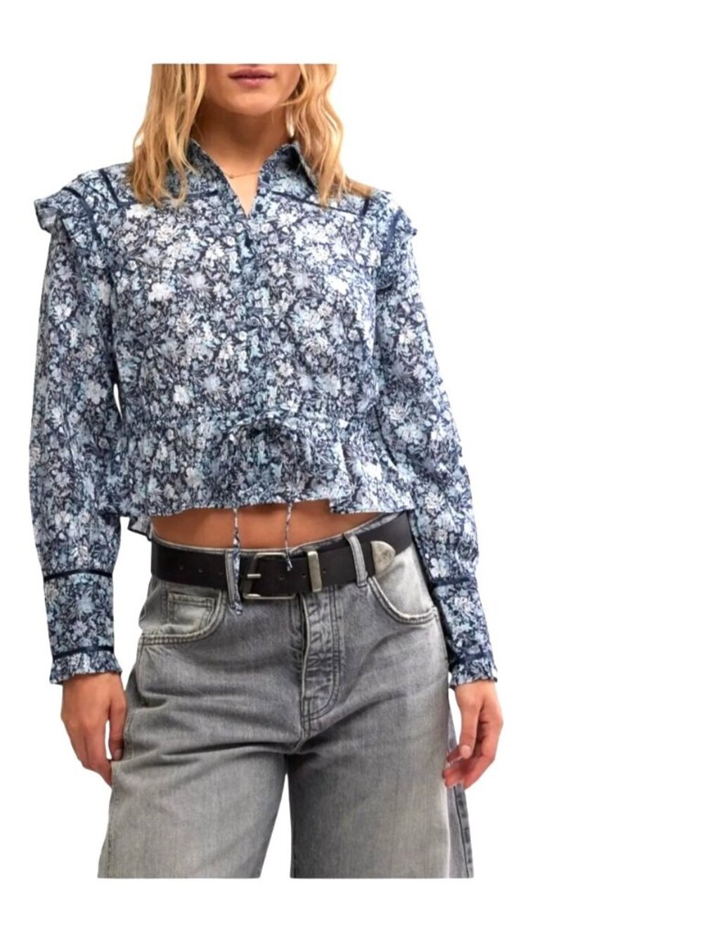 Free People Printed Daybreak Chambray Combo Blouse Floral Ruffled Cotton Small